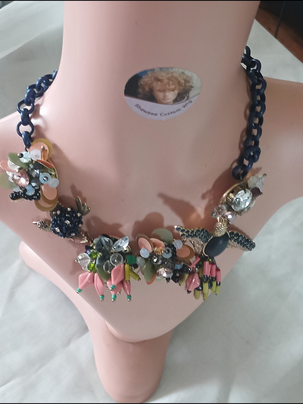 Ann Taylor Factory Navy Chain Floral Cluster Necklace with Pink & Olive Accents